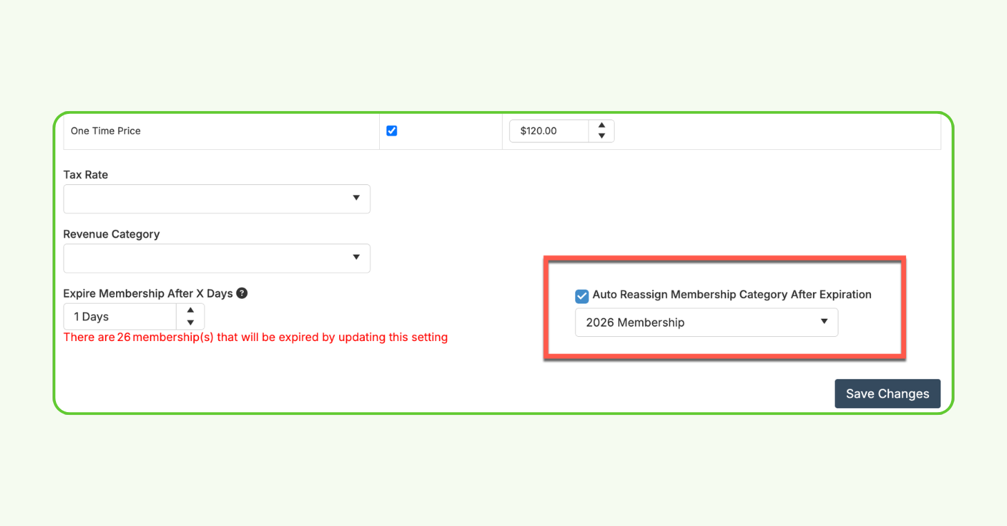 Example of new Auto Reassign setting in CourtReserve for transitioning expired free or one-time memberships.