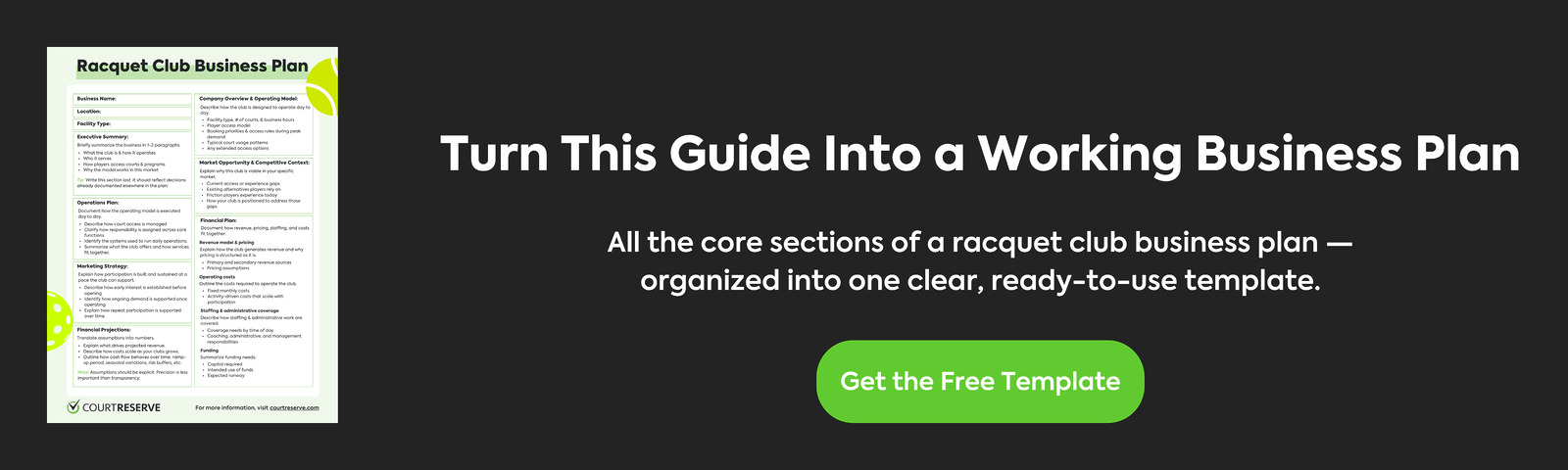 Free pickleball and racquet club business plan template shown with call-to-action to download