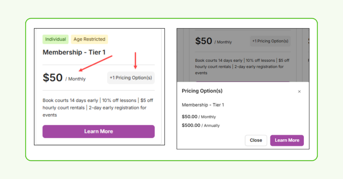 Example of default billing frequency displayed on membership cards, with additional pricing options available.