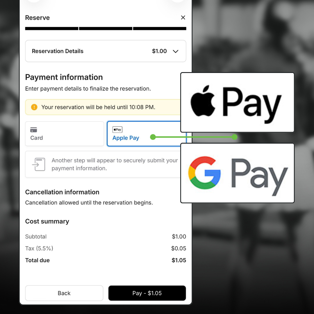 CourtReserve Public Booking checkout screen showing Apple Pay option alongside Apple Pay and Google Pay logos.