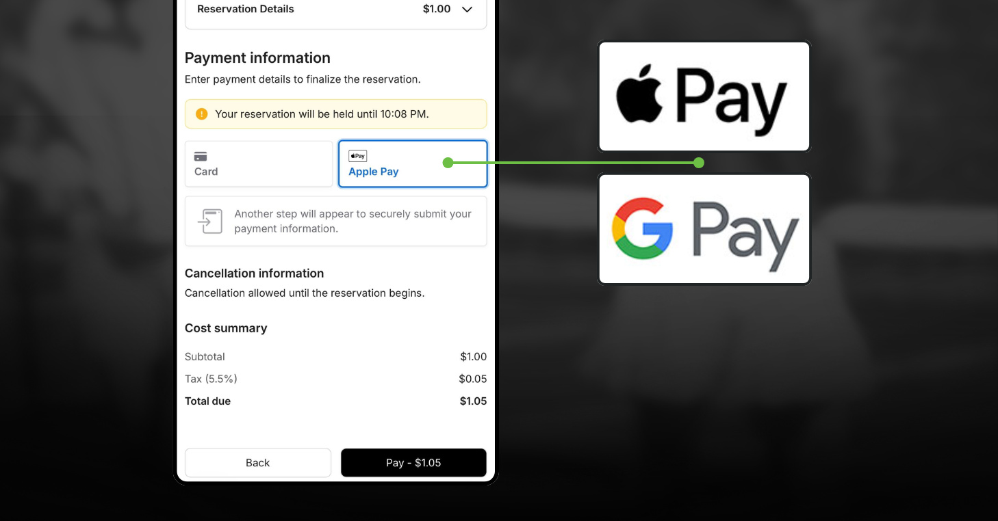 CourtReserve Public Booking checkout screen showing Apple Pay option alongside Apple Pay and Google Pay logos.