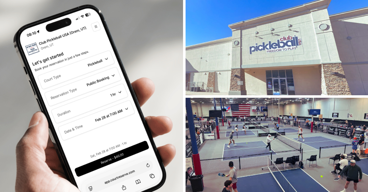 CourtReserve Public Booking interface on mobile with images of a busy pickleball club facility.