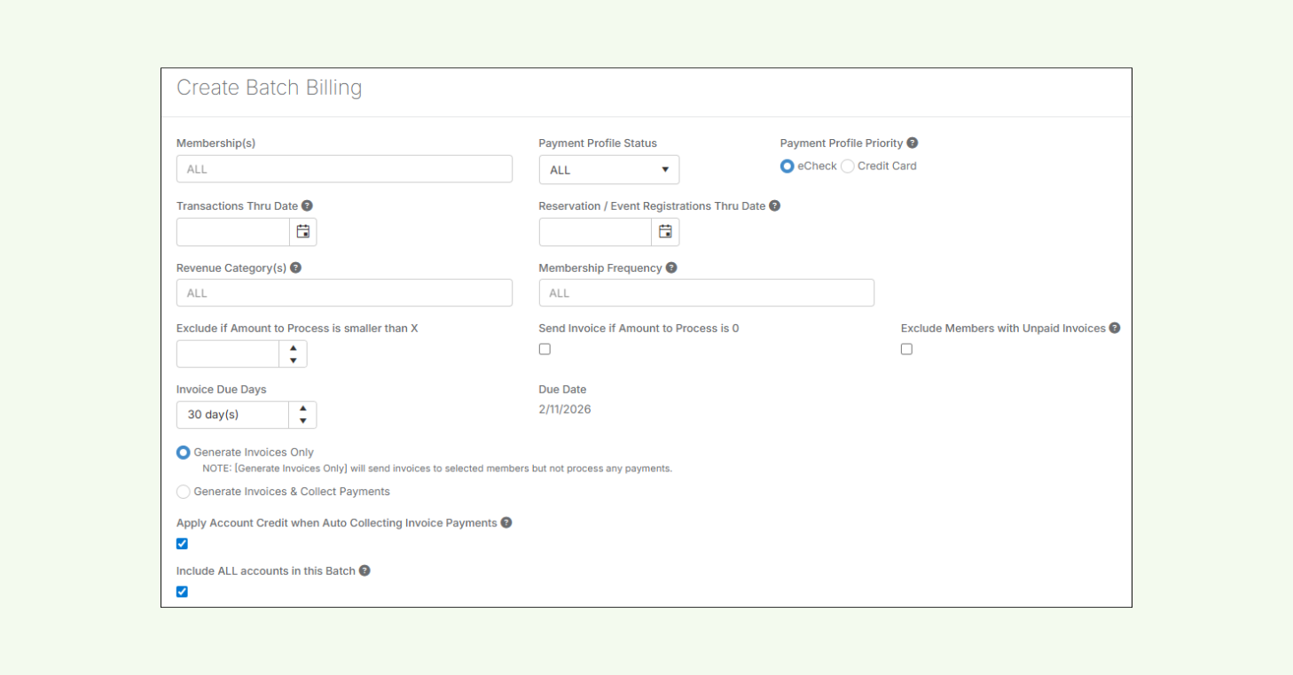 Batch Billing setup screen in CourtReserve showing options to generate invoices and collect payments for memberships, reservations, and events.