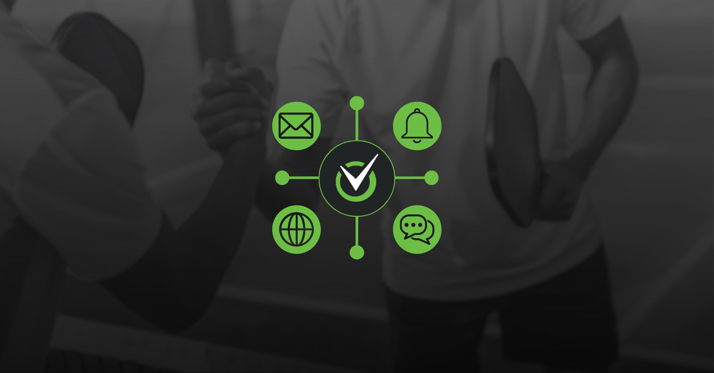 Racquet club communication tools graphic highlighting email, text messaging, push notifications, and player alerts