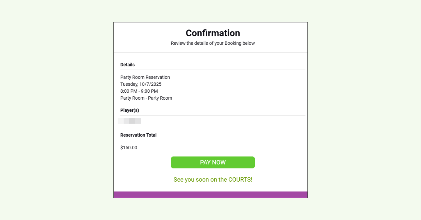 Example of CourtReserve’s automated confirmation notification showing reservation details and a payment prompt.