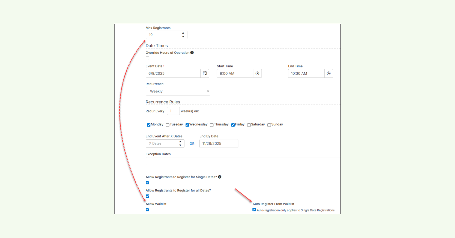 Event waitlist setup screen in CourtReserve showing waitlist settings and automatic registration from the waitlist.