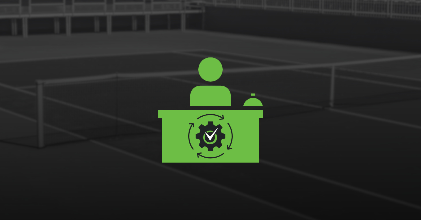 Illustration of a front desk counter with an automation icon, representing automated front desk workflows at a racquet sports club.