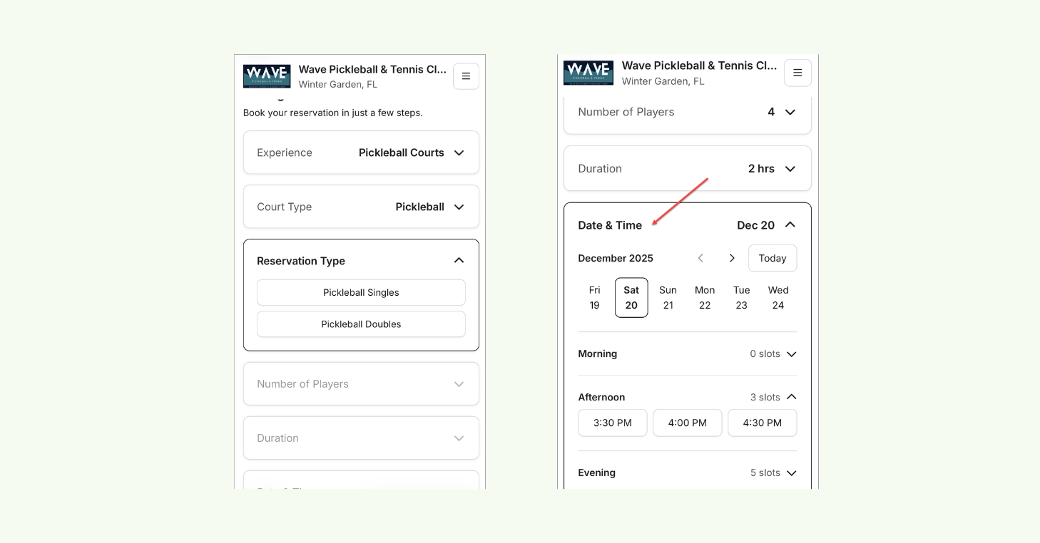 Public Booking flow showing reservation options and date/time selection for available court bookings on a mobile device.