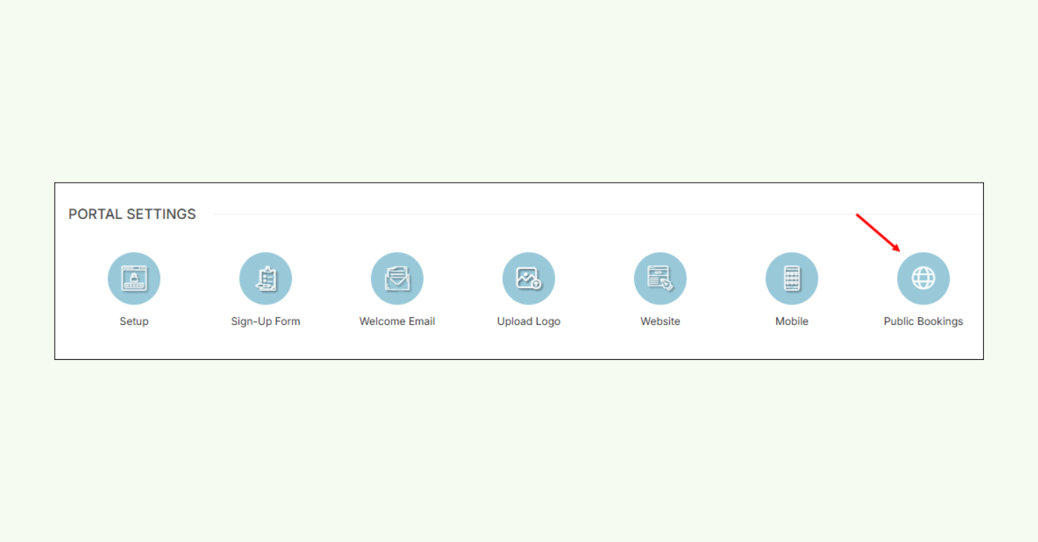 CourtReserve admin Portal Settings page showing the Public Bookings option within the settings menu.