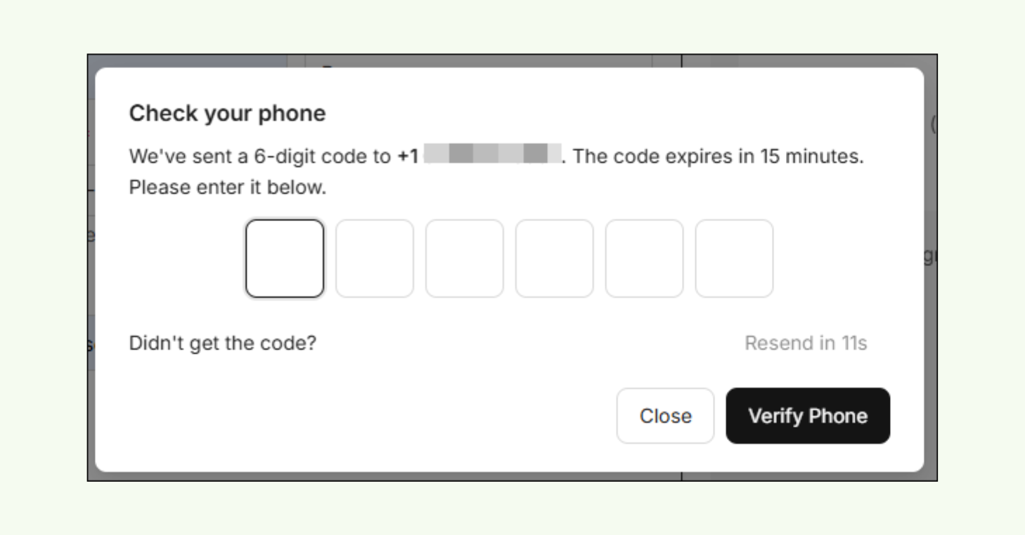 Public Booking SMS verification screen prompting the user to enter a six-digit code sent to their phone.
