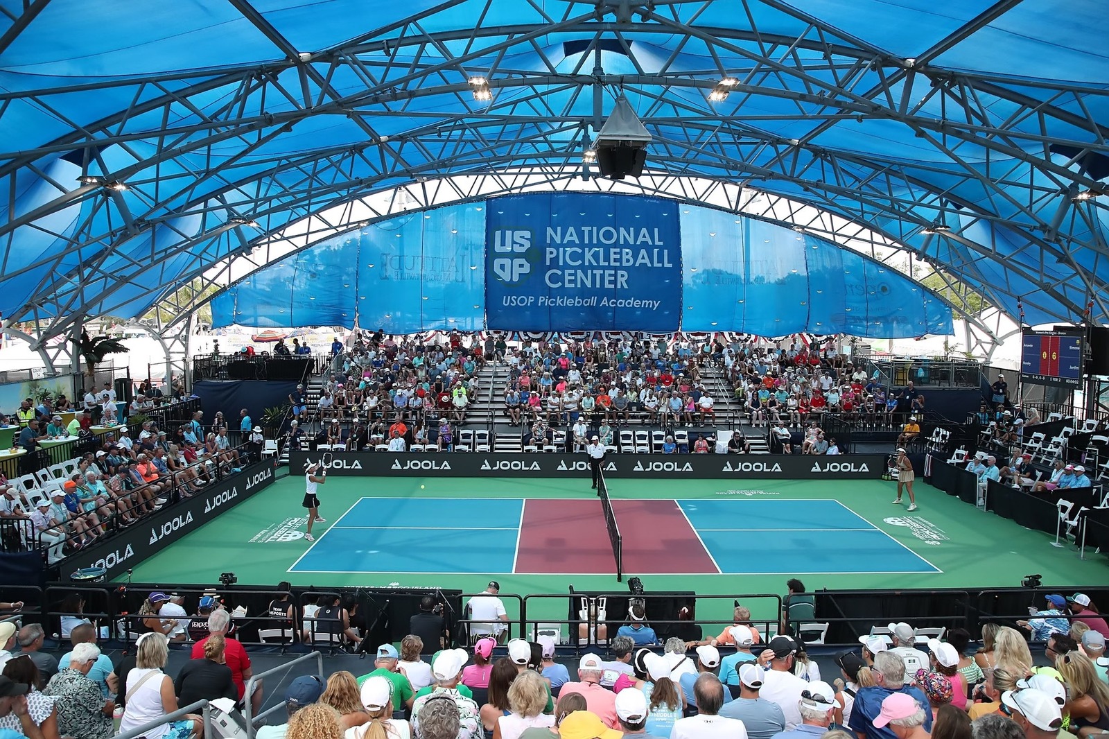 Packed stadium at US National Pickleball Center championship court.