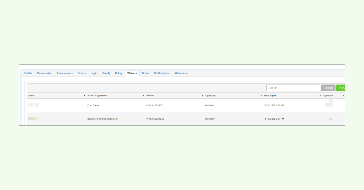Example of CourtReserve’s Waivers tab within a member profile.