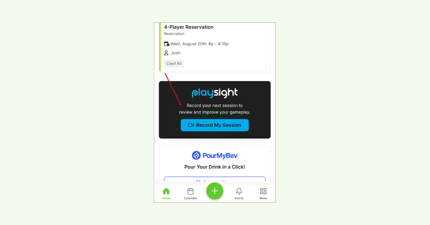 Screenshot of PlaySight recording option available directly within your club’s mobile app.