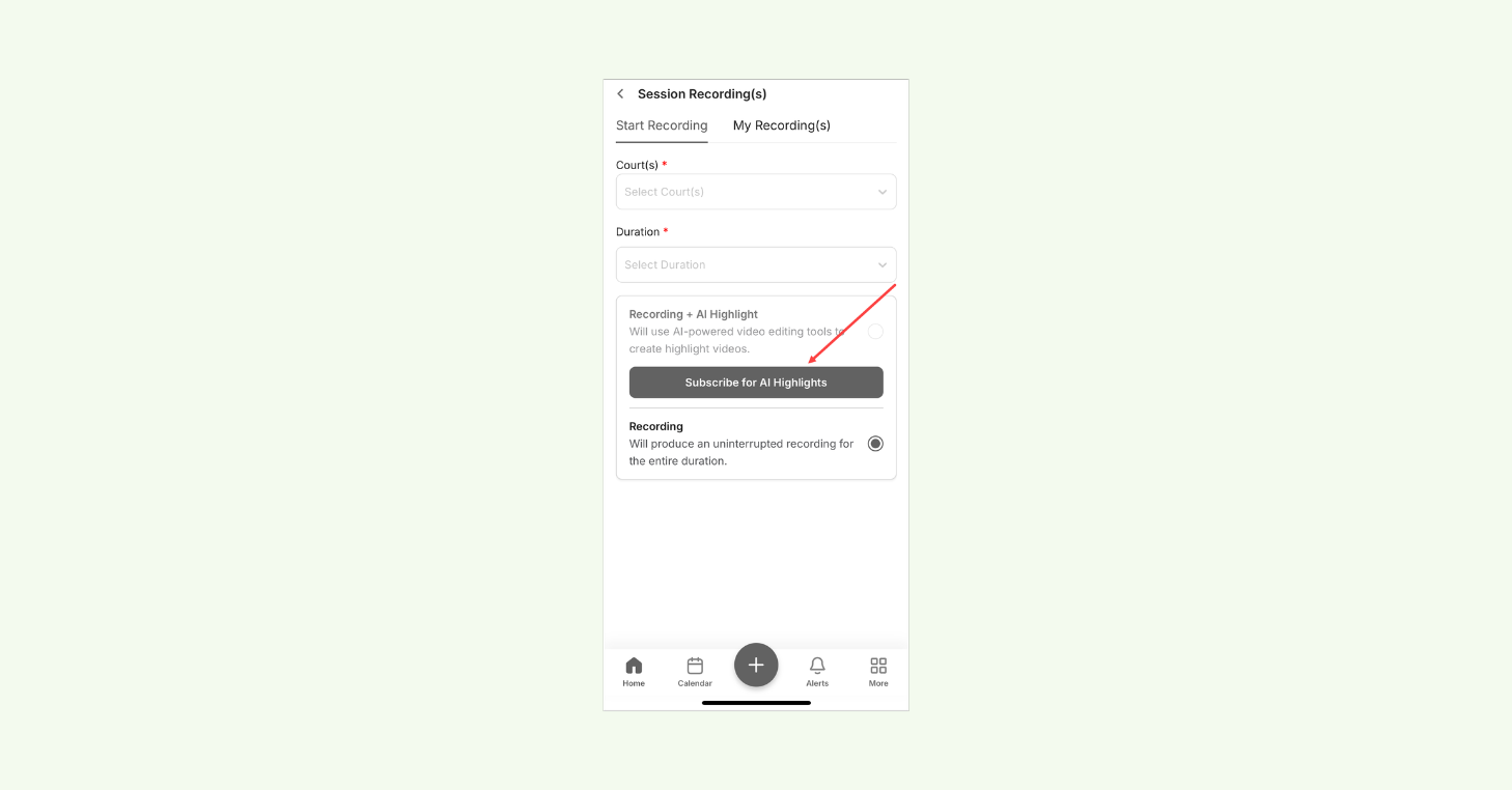 Screenshot of in-app CourtReserve recording options. Choose between standard recording or AI-powered highlights, with the option to subscribe for enhanced features.