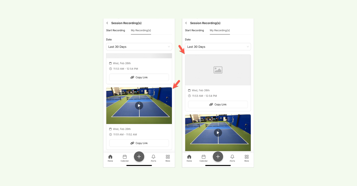 Access all past recordings in the My Recordings tab of your club's mobile app. Players can quickly watch, review, and share their sessions. Processed videos display a thumbnail preview, while recordings still processing show a placeholder.