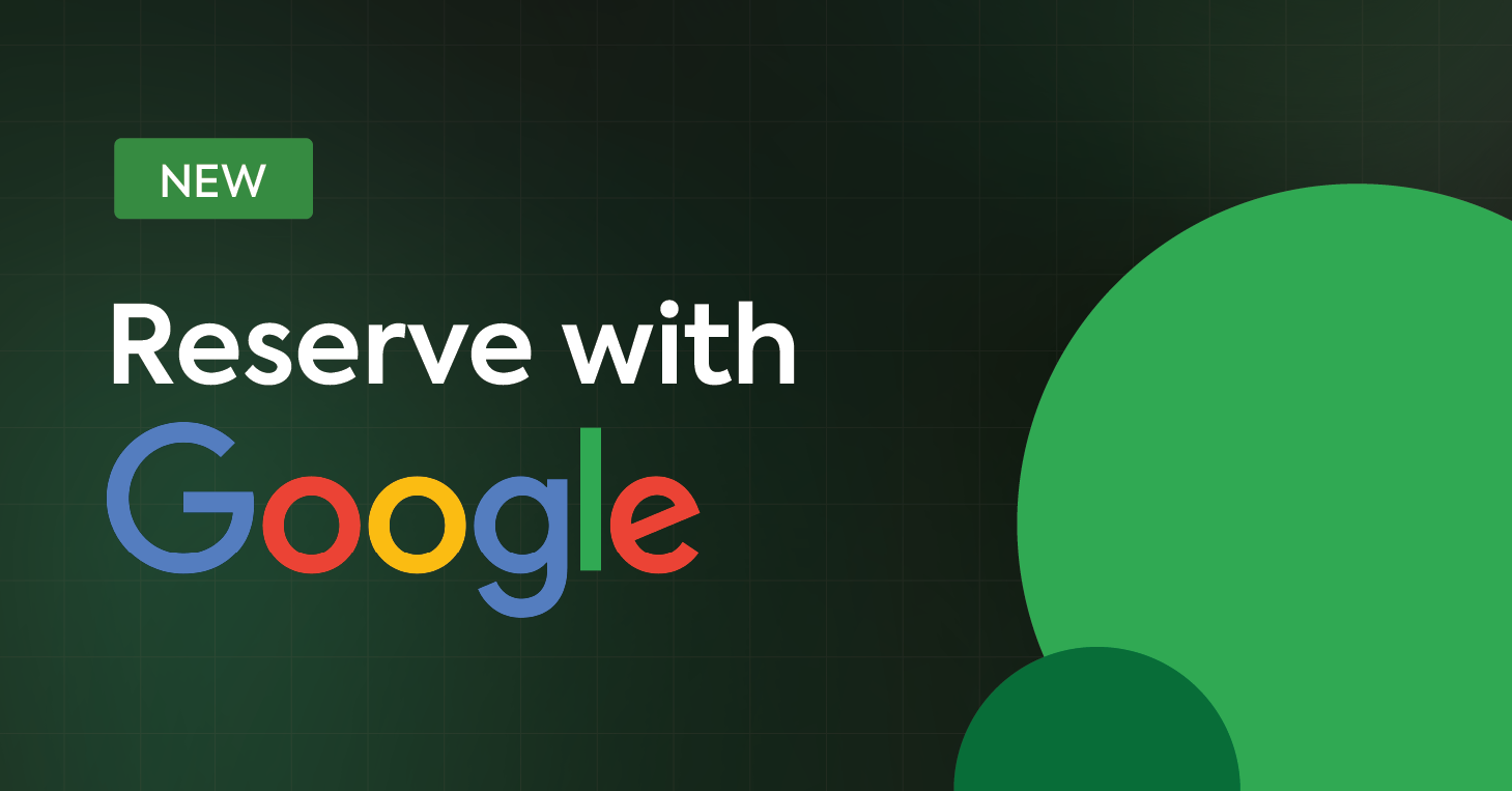 CourtReserve announcement graphic with "NEW" label and "Reserve with Google" displayed in bold white and Google's branded multicolor typography against a dark green background.