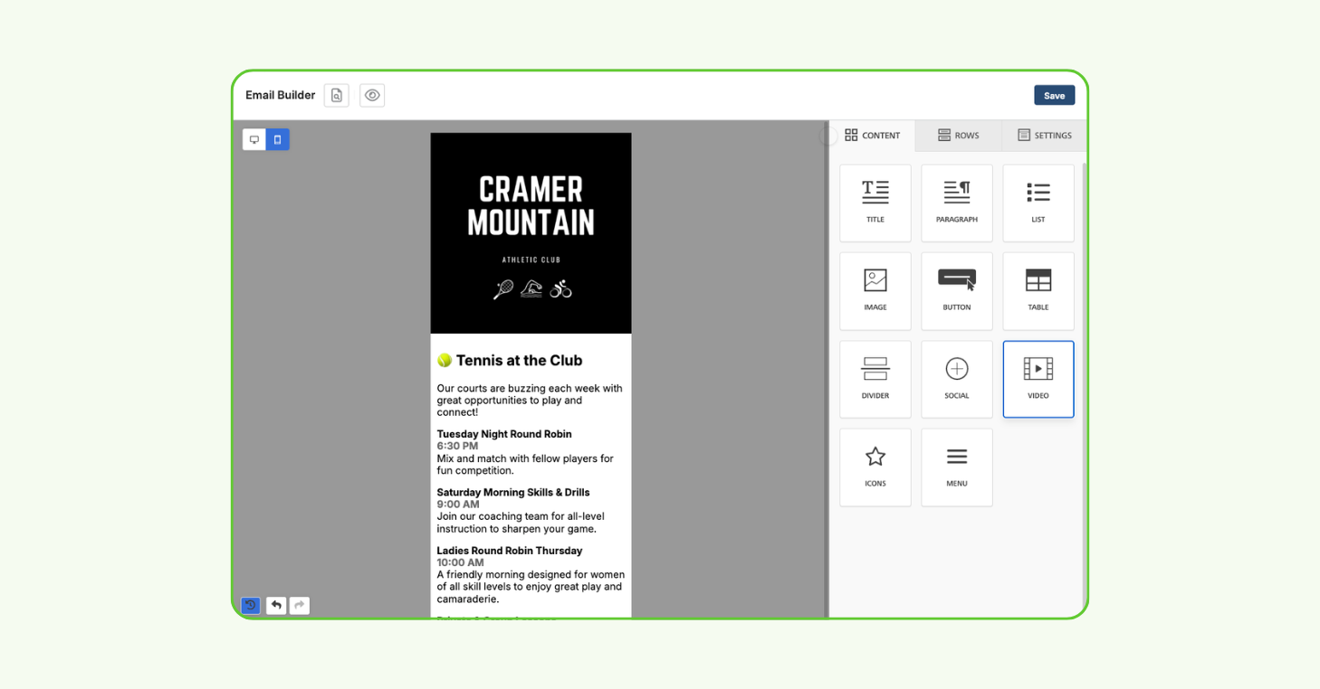 CourtReserve's drag-and-drop Email Builder interface showing a branded email template for Cramer Mountain Athletic Club with content blocks including title, paragraph, list, image, button, and video options in the right panel.