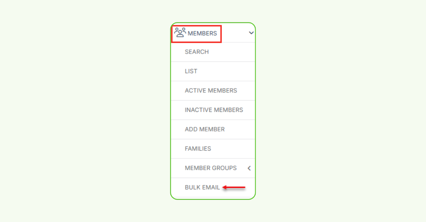 CourtReserve's Members navigation menu with an arrow pointing to Bulk Email — where the new Email Campaigns experience lives in your settings.