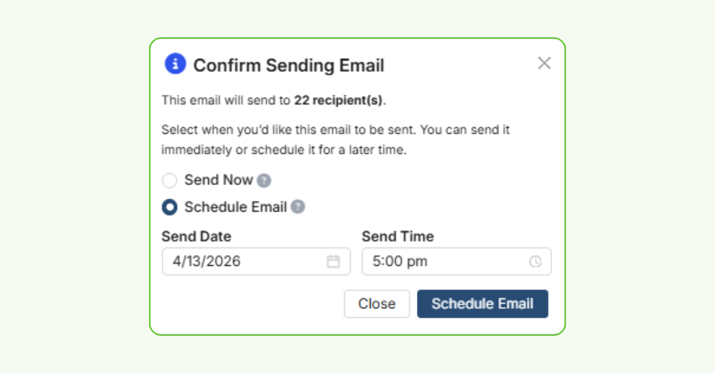 CourtReserve's Confirm Sending Email dialog showing scheduling options — Send Now or Schedule Email — with a selected send date of 4/13/2026 at 5:00 PM and a Schedule Email button.