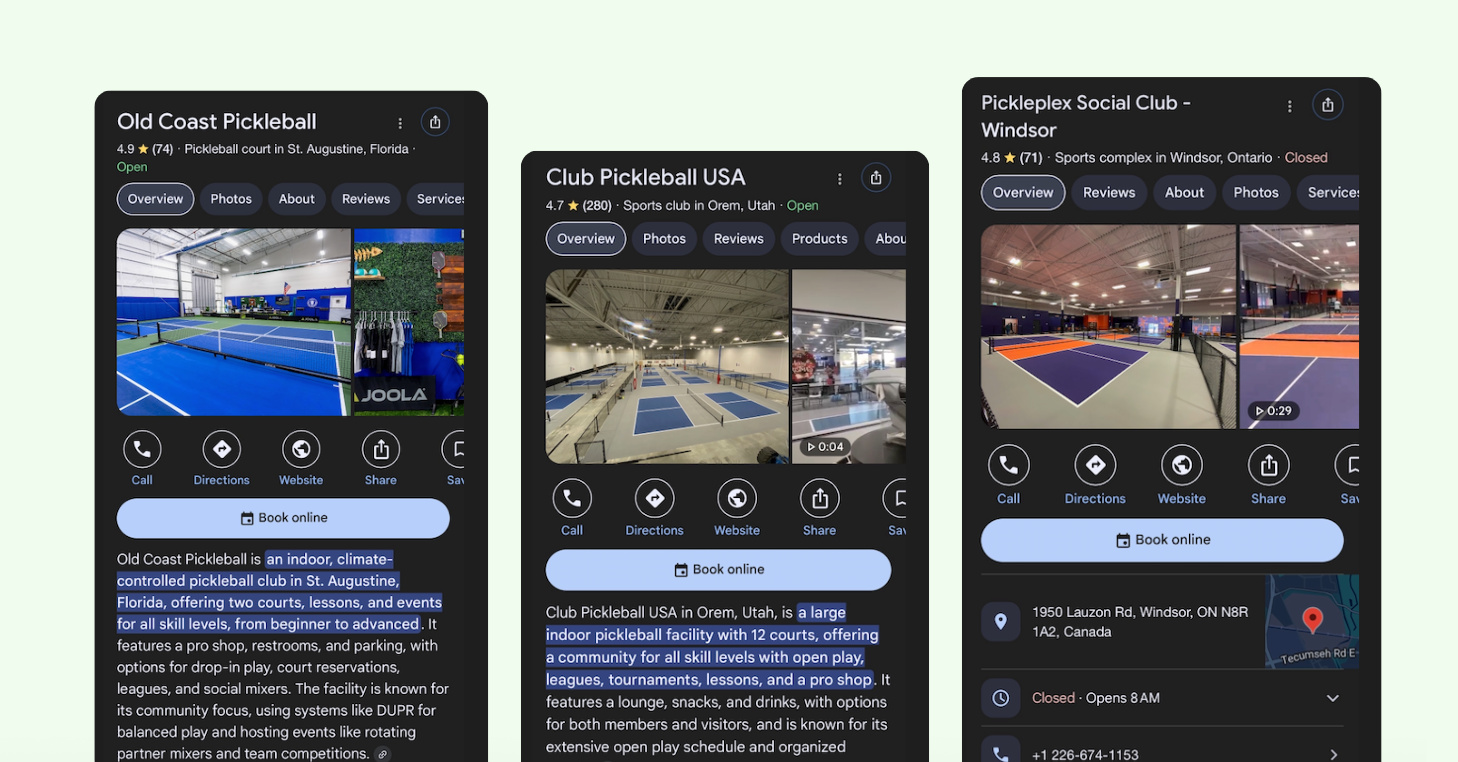 Screenshots of popular pickleball club listing on Google search results with 'Book Online' buttons