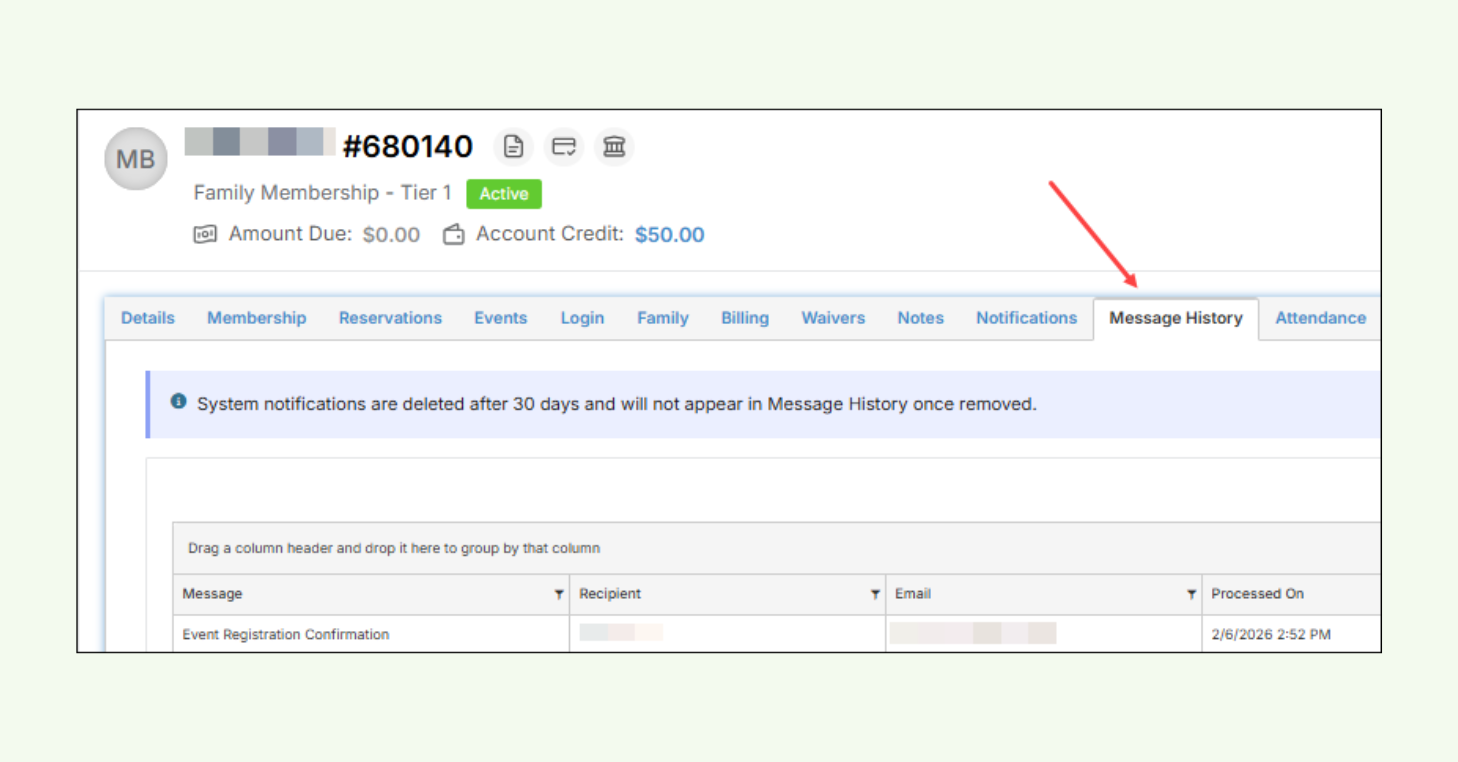 Screenshot of the CourtReserve admin panel showing the Message History tab on a member profile,