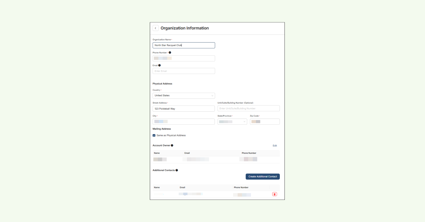 Screenshot of the CourtReserve Organization Information page showing fields for organization name, phone number, email, physical address, account owner, and additional contacts.
