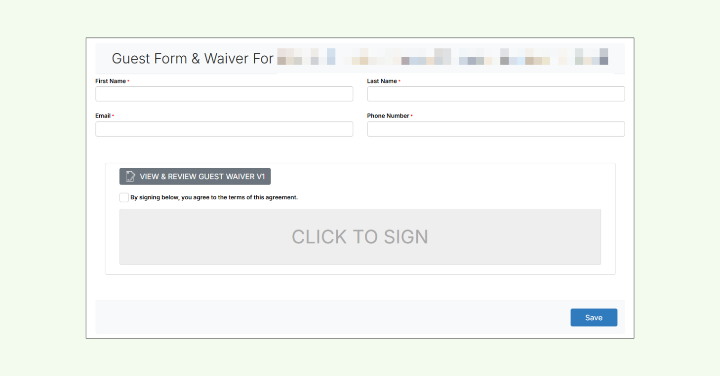Screenshot of the CourtReserve Guest Waiver public signing page showing a form where guests can enter their name, email, and phone number, review the waiver, and sign digitally before arriving at the club.