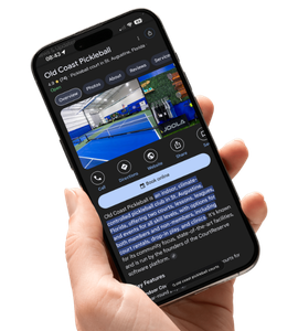 Google business listing for Old Coast Pickleball showing rating, photos, and a prominent blue “Book online” button for reserving courts.