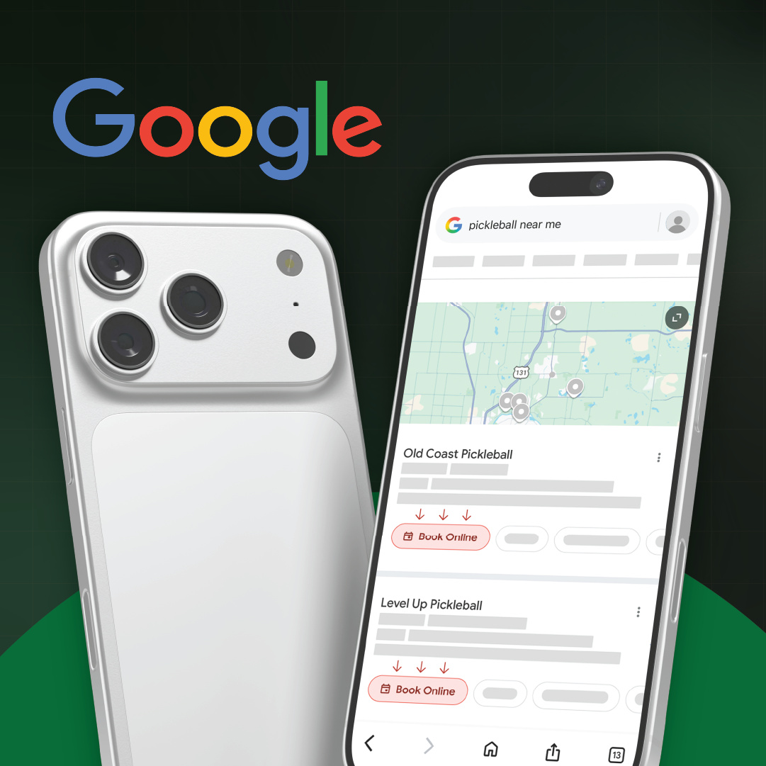 Two smartphones display a Google search for 'pickleball near me,' showing local pickleball facilities with a 'Book Online' button powered by CourtReserve's Google integration.