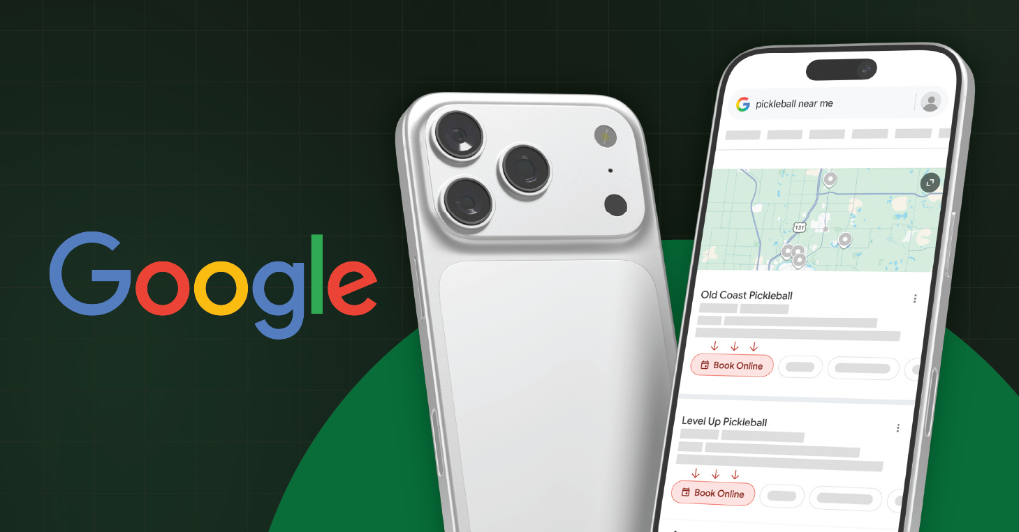 Two smartphones display a Google search for 'pickleball near me,' showing local pickleball facilities with a 'Book Online' button powered by CourtReserve's Google integration.