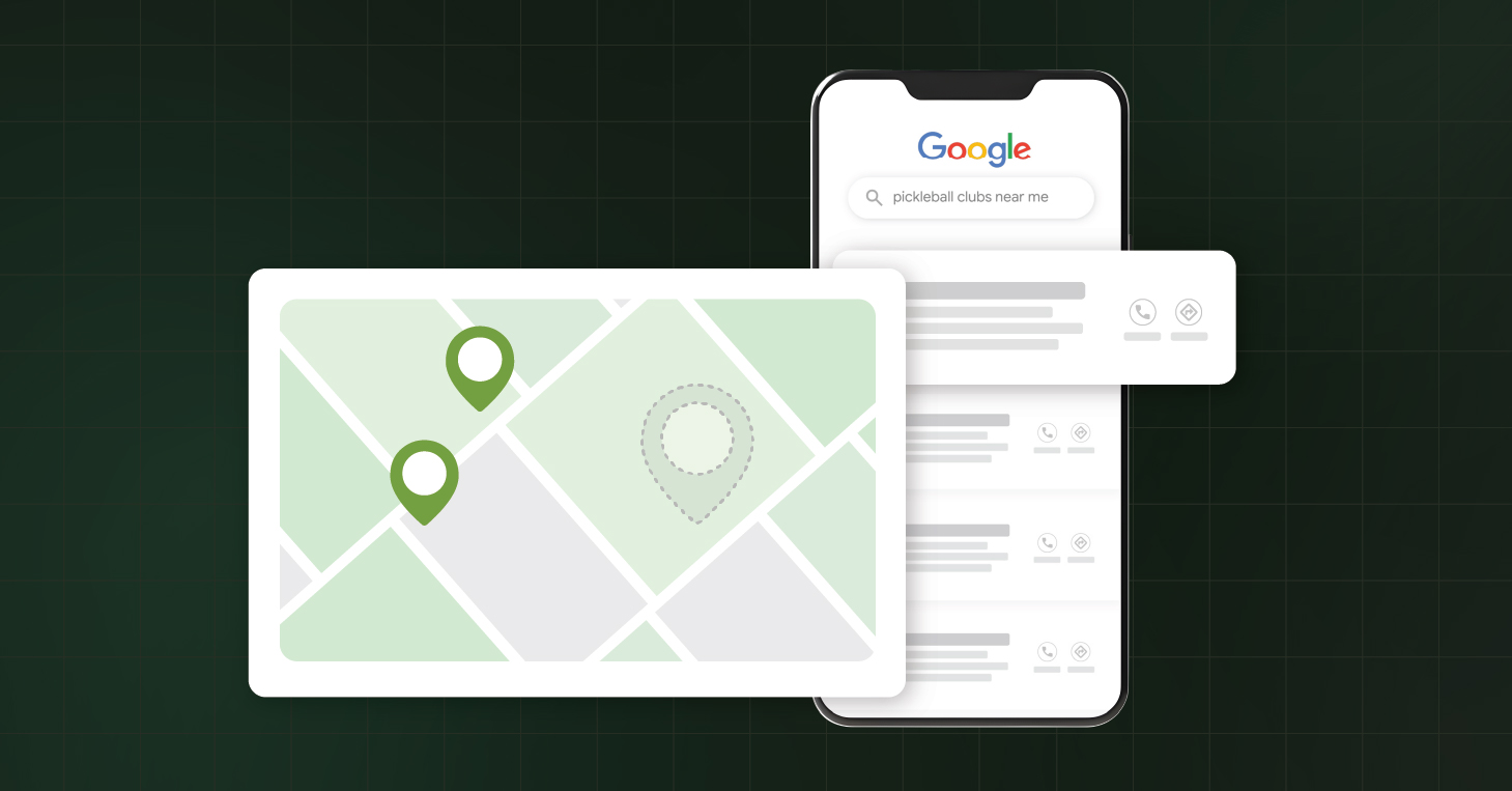 Illustration of a mobile phone showing a Google search for "pickleball clubs near me" alongside a map with location pins — two clubs visible, one missing.