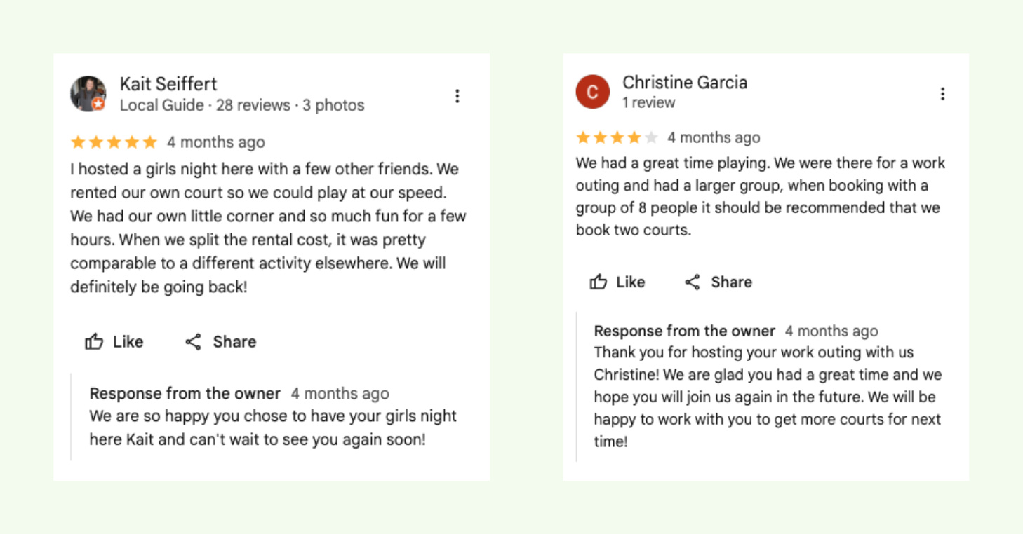 
Two Google Business Profile reviews showing owner responses 