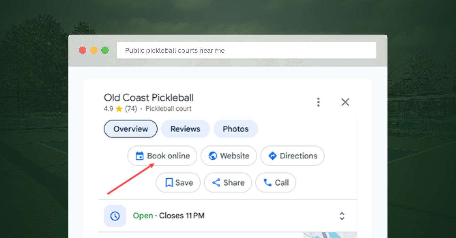 Google Maps listing for Old Coast Pickleball with the 'Book online' button highlighted by a red arrow