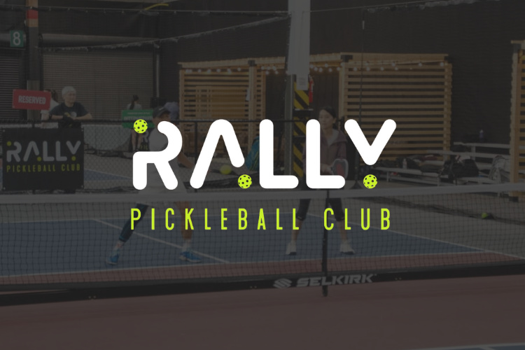 Rally Pickleball Club logo overlaid on a background image of players on an indoor pickleball court.