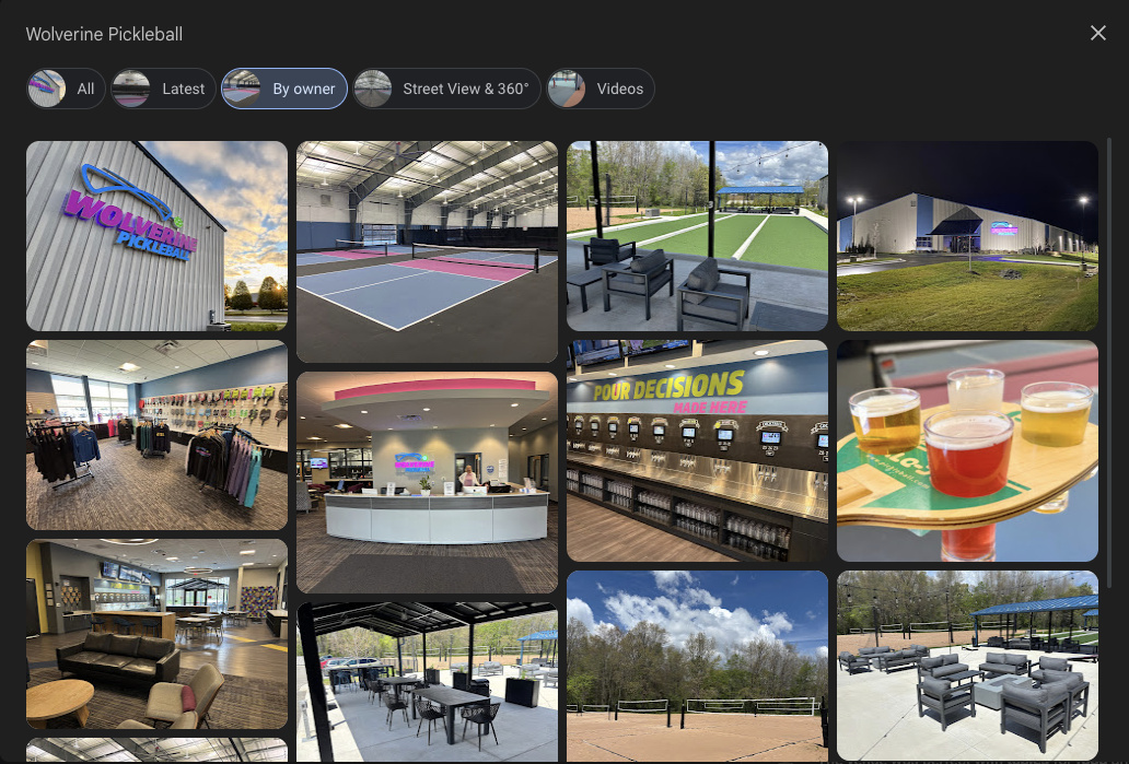 Wolverine Pickleball Google Business Profile photo gallery showing exterior signage, indoor courts, pro shop, front desk, bar area, and outdoor seating areas