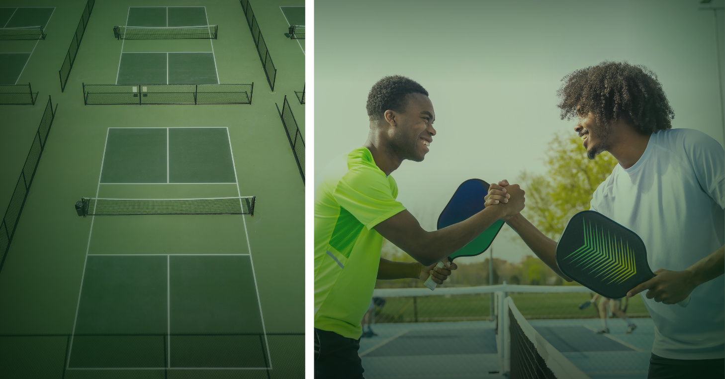 Aerial view of empty tennis courts alongside two pickleball players shaking hands after a match at a public racquet sports facility.