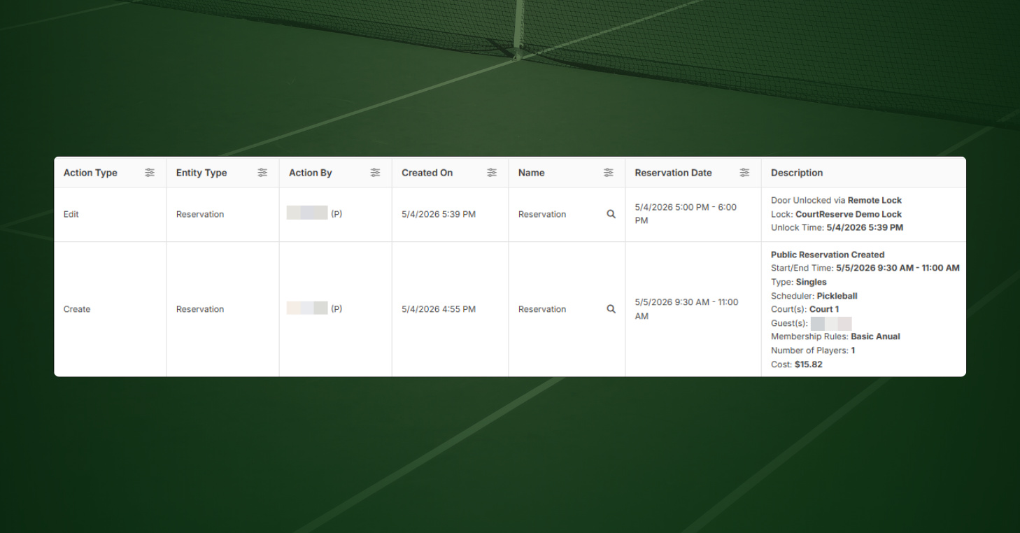 CourtReserve audit log showing two Public Booking reservation entries, each with a (P) designation after the player name, including door unlock details for a RemoteLock integration.