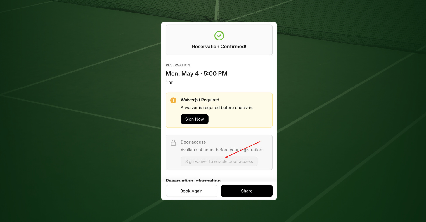 Public Booking reservation confirmation page showing a waiver required prompt with a Sign Now button and a grayed-out Door access card reading "Sign waiver to enable door access."