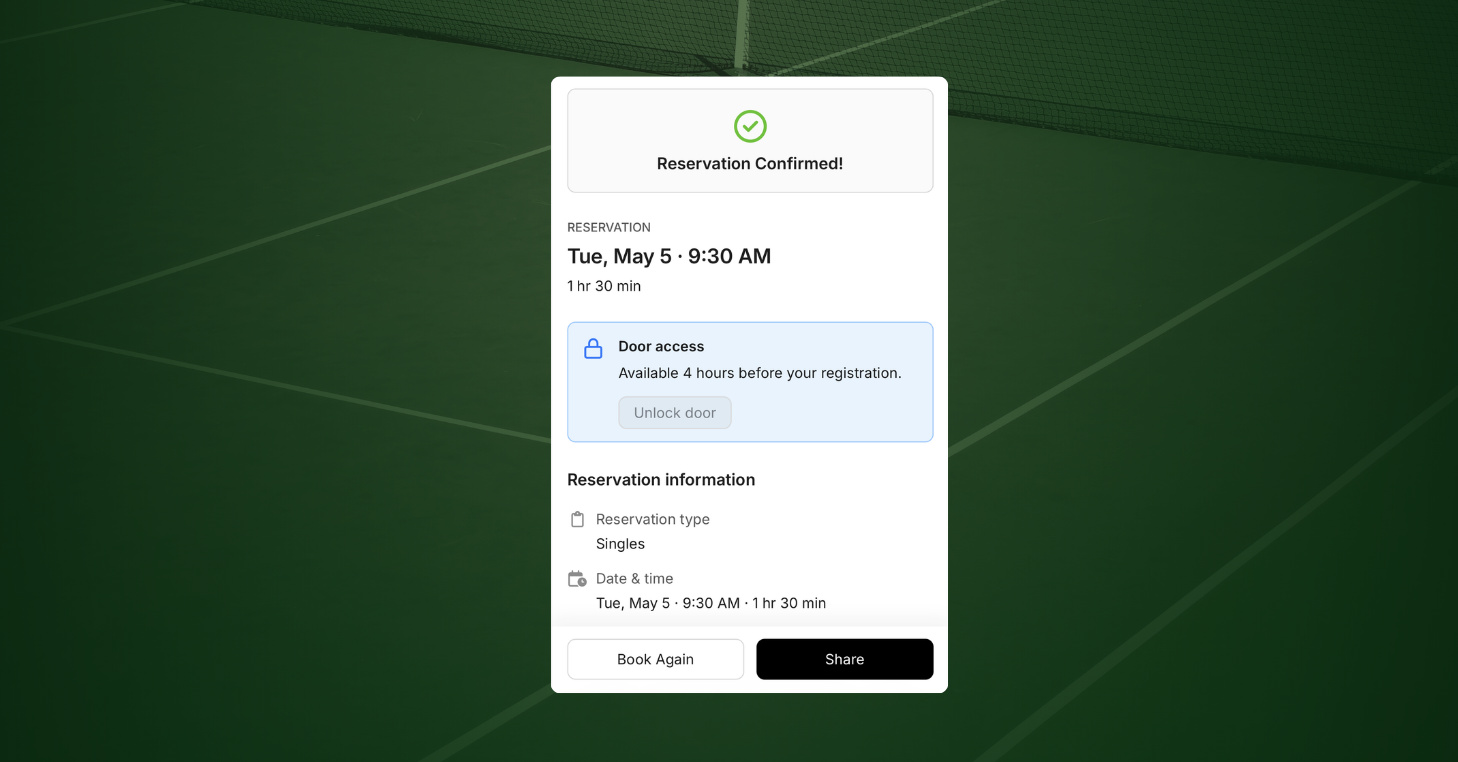 Public Booking reservation confirmation page showing an active Door access card with the Unlock door button grayed out and a note reading "Available 4 hours before your registration."
