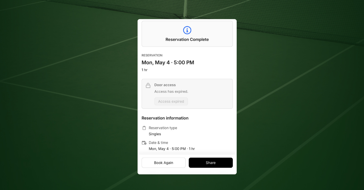 Public Booking reservation confirmation page showing a completed reservation with a grayed-out Door access card reading "Access has expired."
