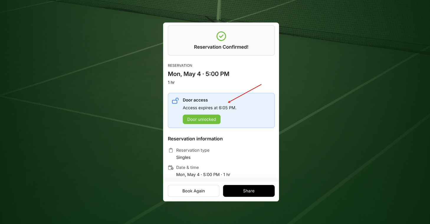 Public Booking reservation confirmation page showing an active Door access card with a green Door unlocked button and a note reading "Access expires at 6:05 PM."