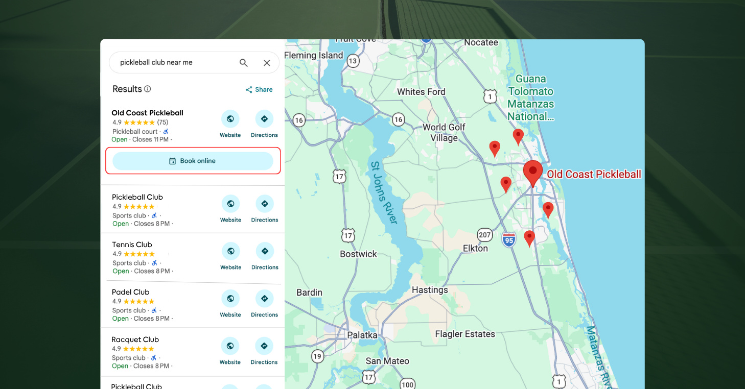 Google Maps search for "pickleball club near me" showing five clubs, with only the top result, Old Coast Pickleball, displaying a Book online button.