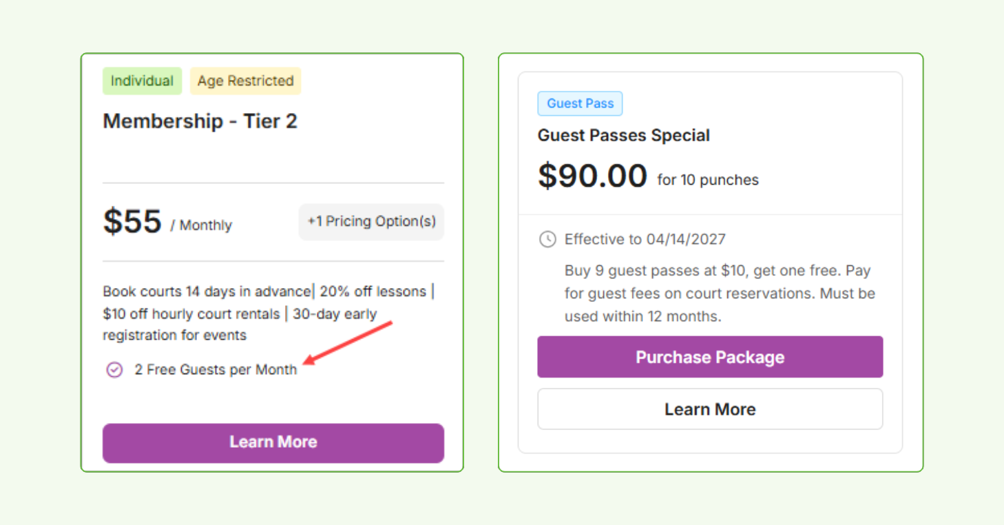 Two member portal cards side by side: a Membership Tier 2 plan listing "2 Free Guests per Month" and a "Guest Passes Special" package priced at $90 for 10 punches
