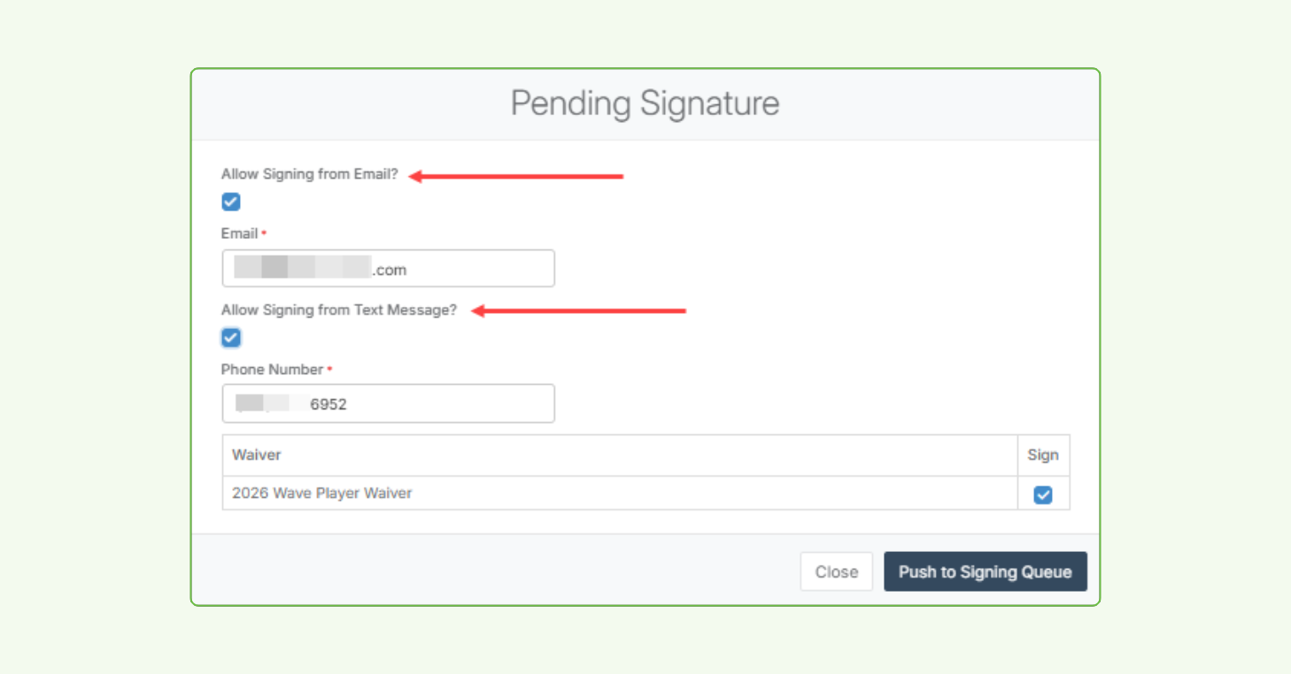 CourtReserve Pending Signature window with "Allow signing from email" and "Allow signing from text message" options both checked, showing email and phone number fields and a waiver ready to send