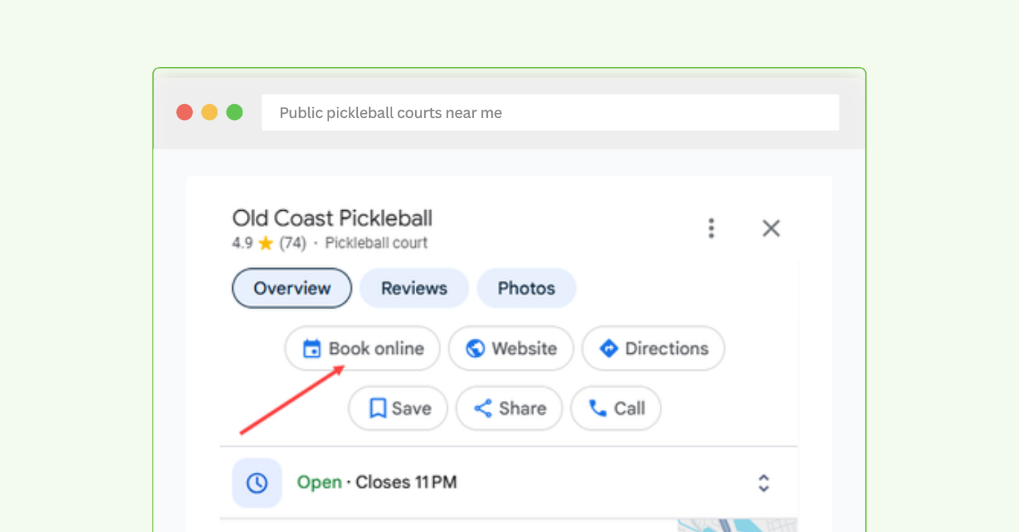 Google search result for "public pickleball courts near me" showing the Old Coast Pickleball listing with a "Book online" button highlighted