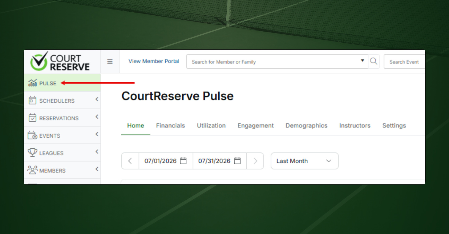CourtReserve Pulse open in the admin panel, showing the Home, Financials, Utilization, Engagement, Demographics, and Instructors tabs.