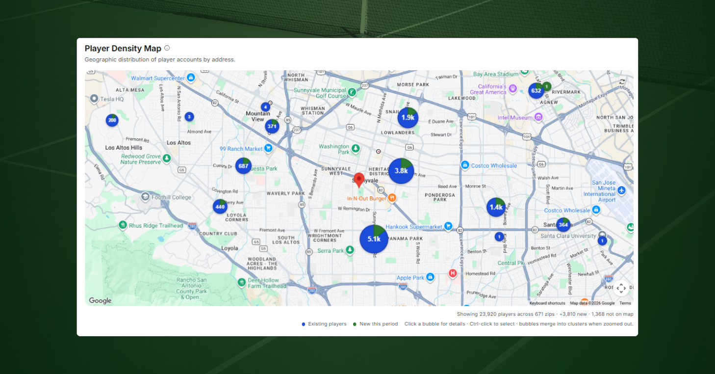CourtReserve Pulse player density map showing where a club's players are located by zip code.