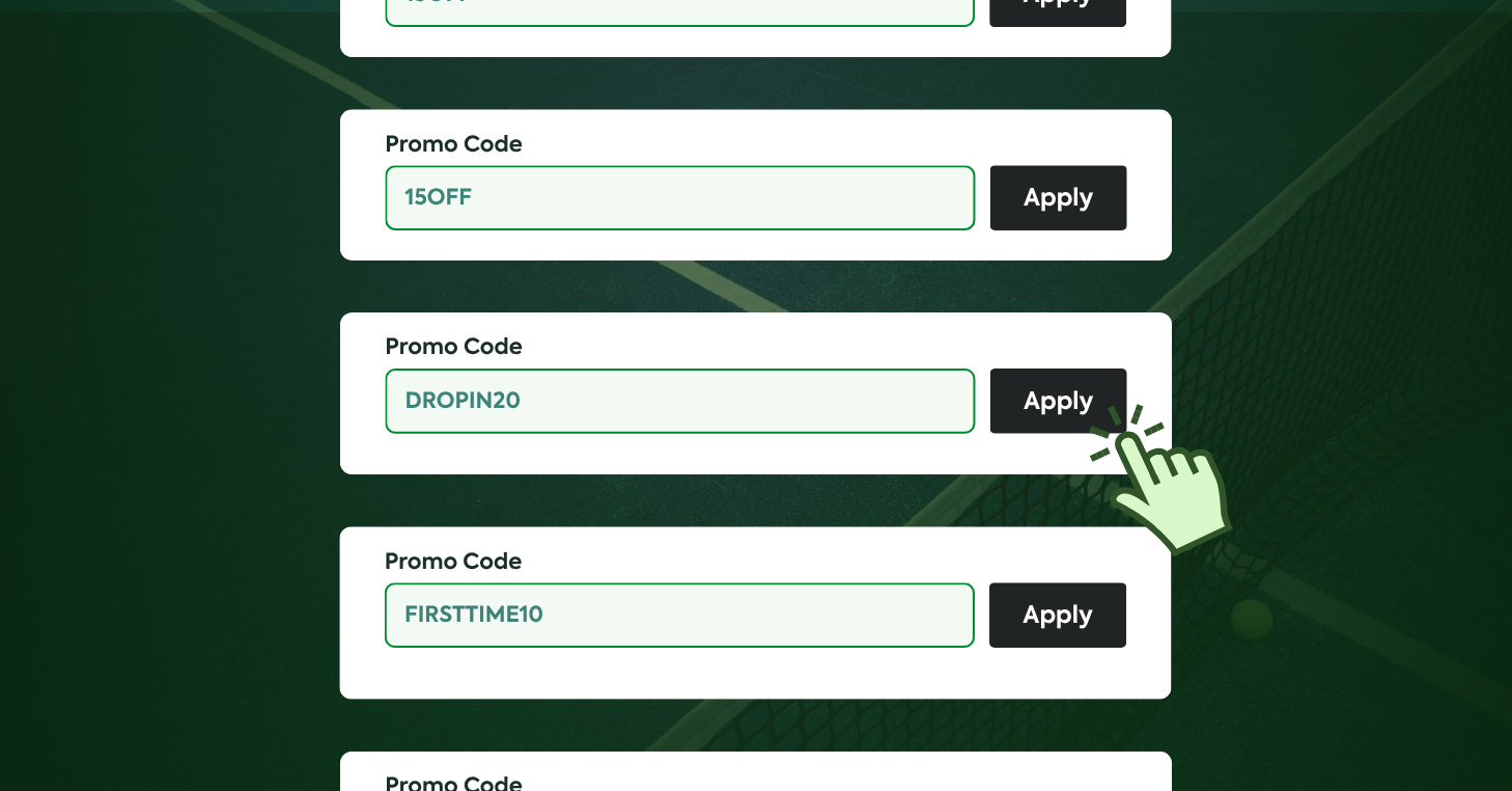 CourtReserve Promo Codes feature showing example discount codes applied at checkout for racquet and paddle clubs.