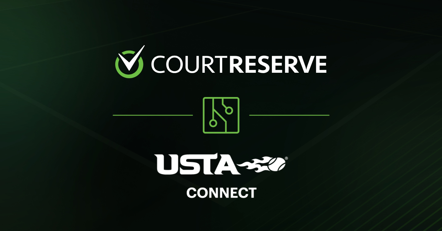 CourtReserve and USTA Connect logos displayed on a dark green tennis court background.