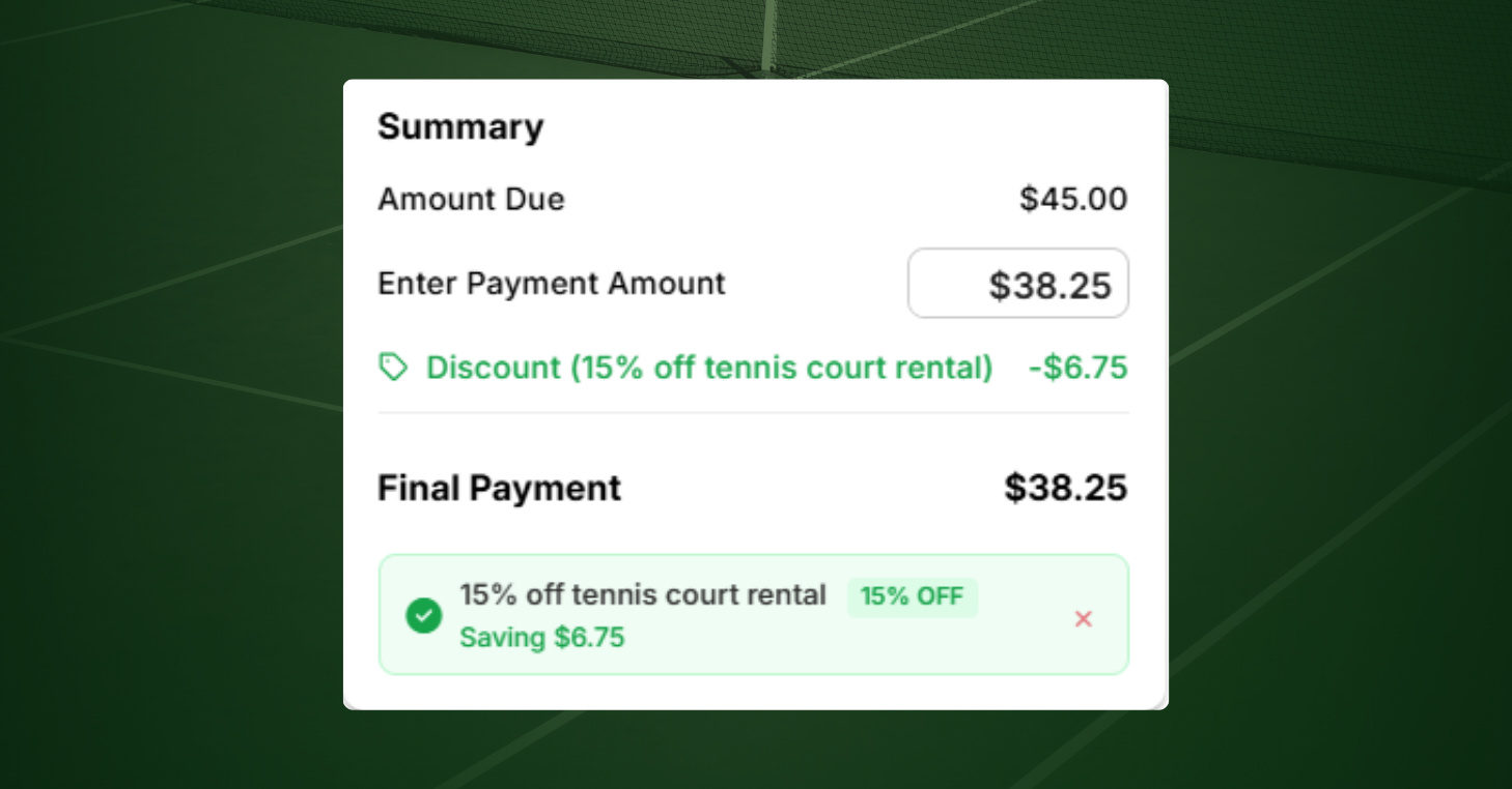 CourtReserve checkout summary showing a $20 Promo Code discount applied to a purchase, reducing the final payment.